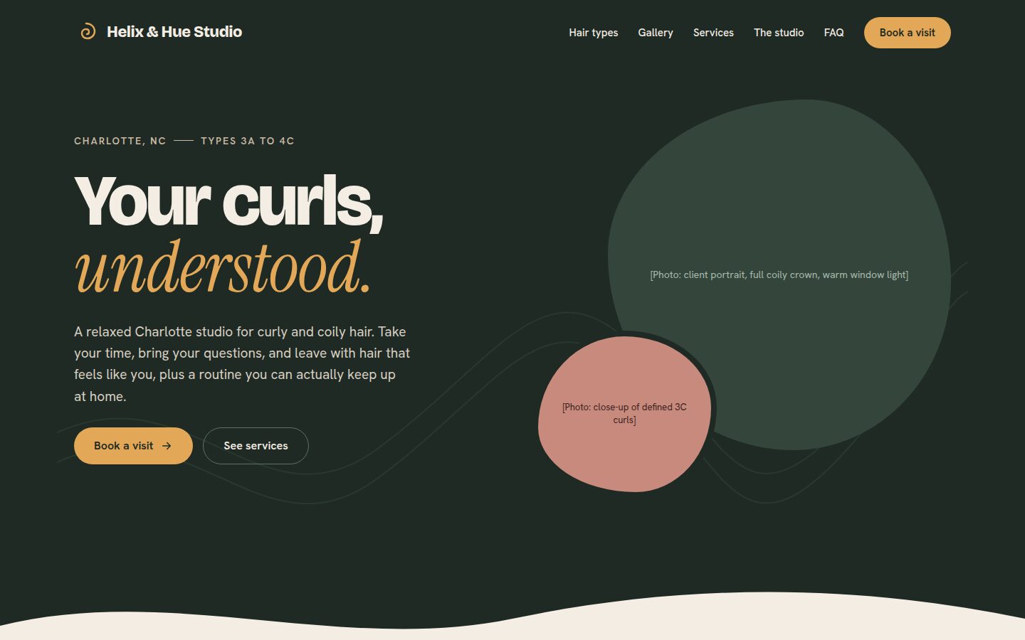 Helix & Hue Studio homepage hero with the headline, a Book a visit button, and a curly portrait beside it