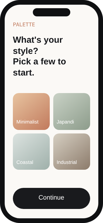 Onboarding screen: pick a few styles to start