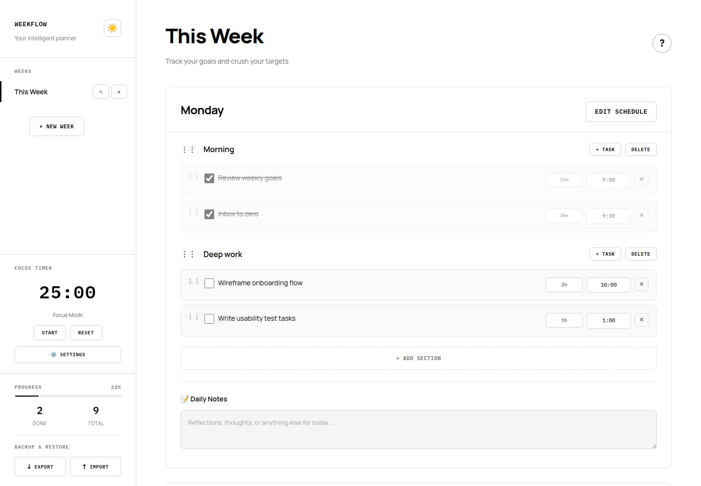 Weekflow showing a sample week: tasks grouped into sections with time estimates, plus the focus timer, progress count and backup controls in the sidebar
